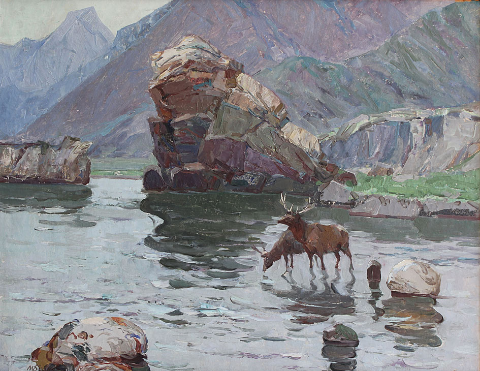 Будкеев-М.Я.-1960-е-Маралы-на-водопое.-Река-Урсул.-1960-е-гг.-к.м.-62х79--ч.к.jpg